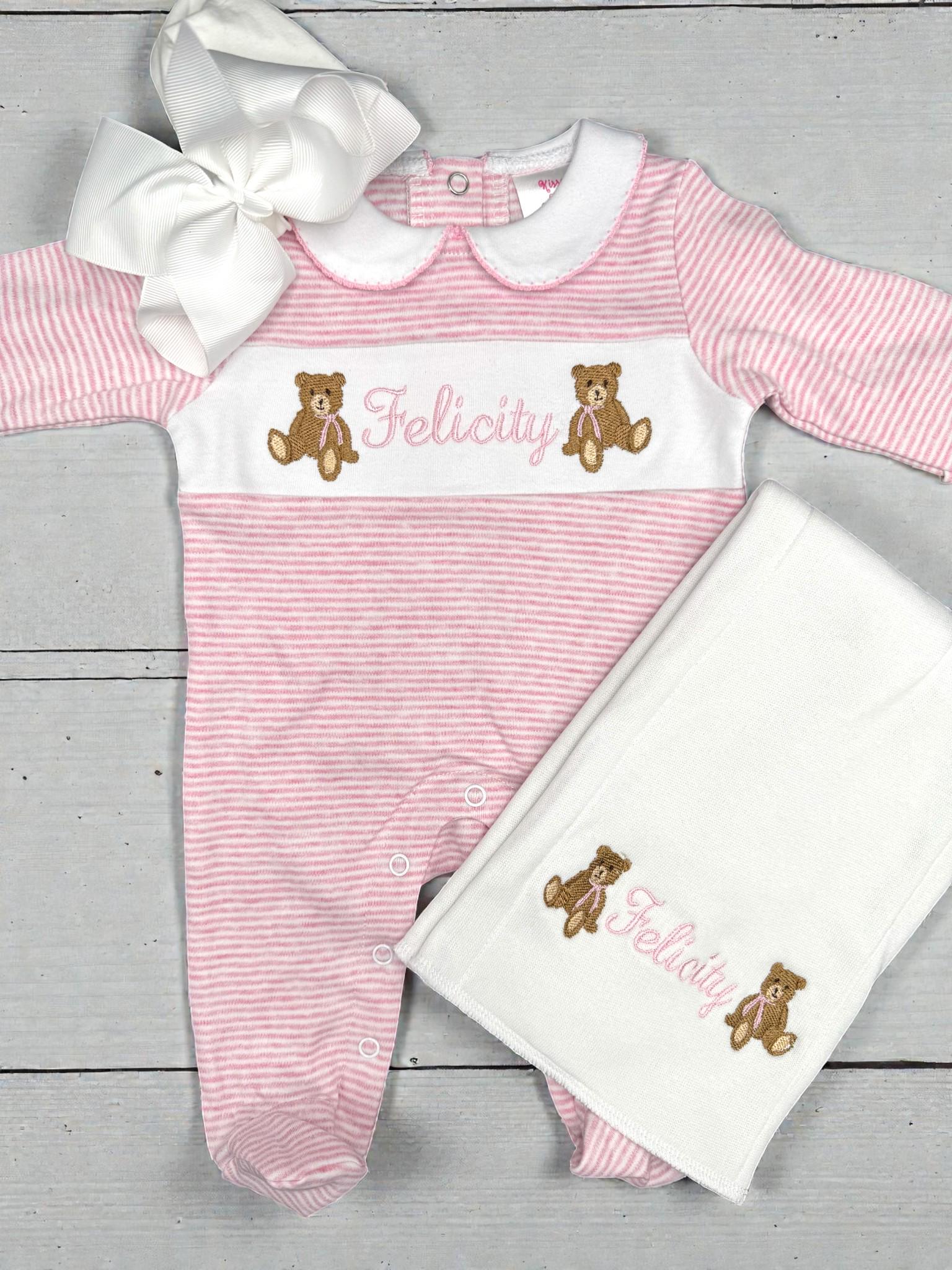 Personalized Baby Girl Footie, Striped Cotton Knit, Teddy Bear Embroidery