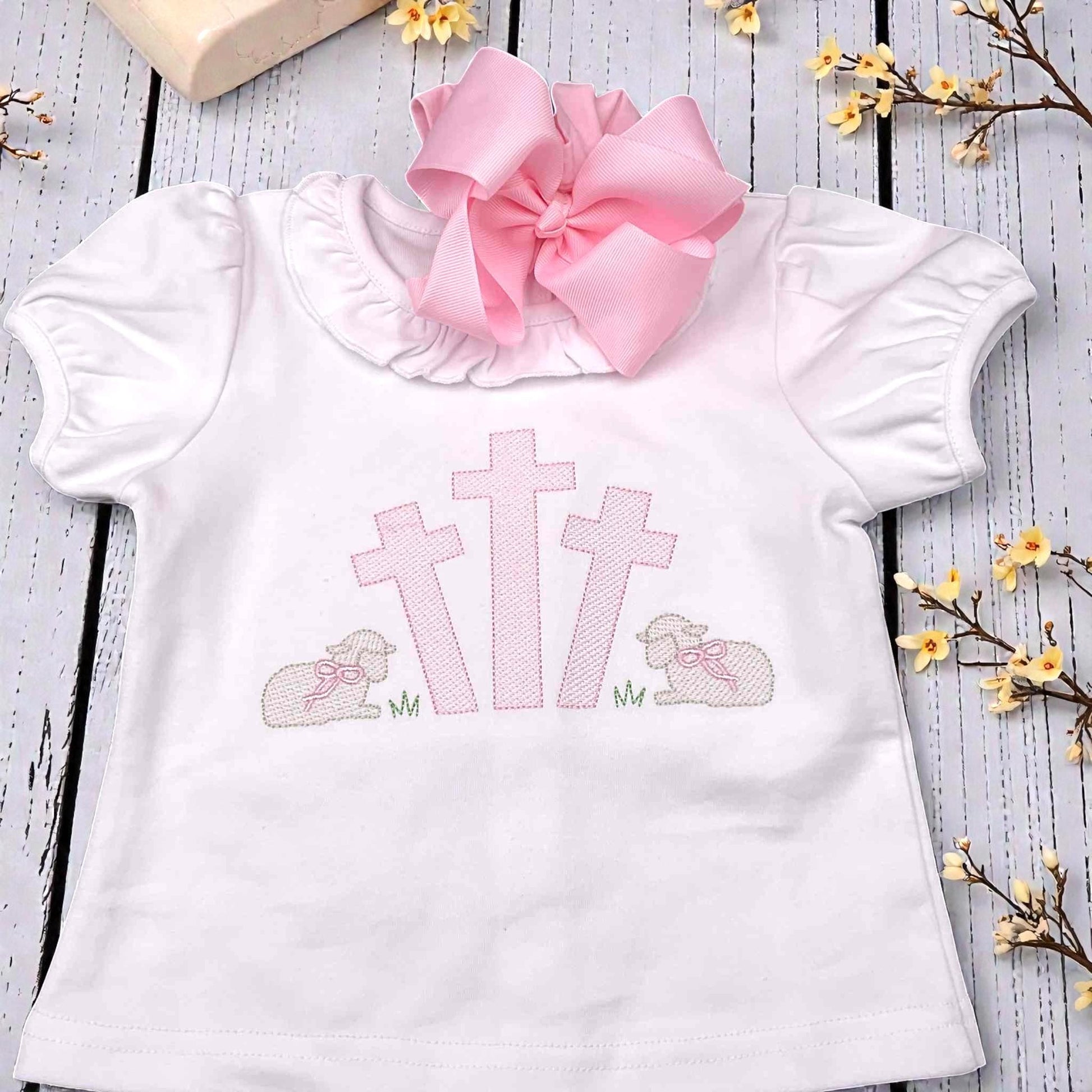 Girls Easter Shirt – Embroidered Cross & Lamb Ruffle Top