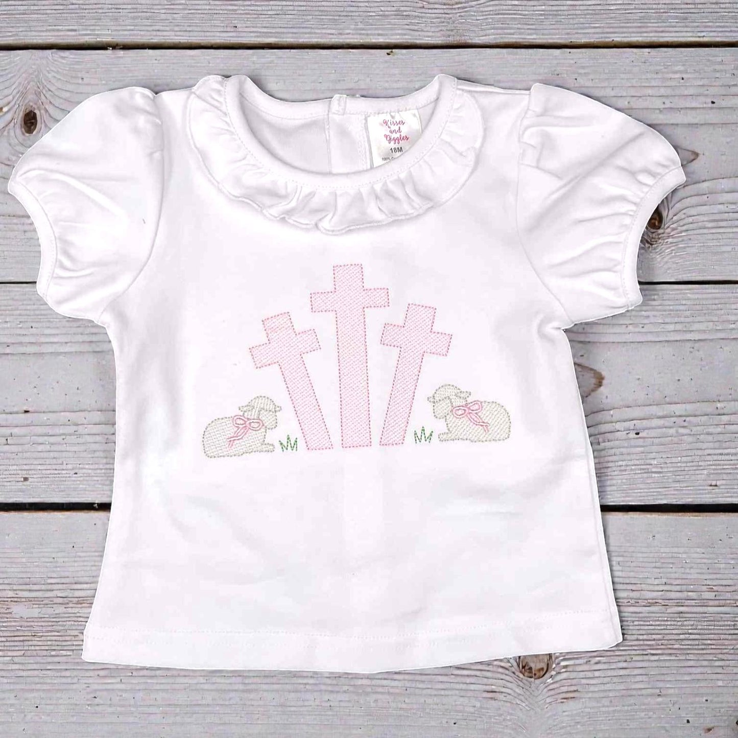 Girls Easter Shirt – Embroidered Cross & Lamb Ruffle Top