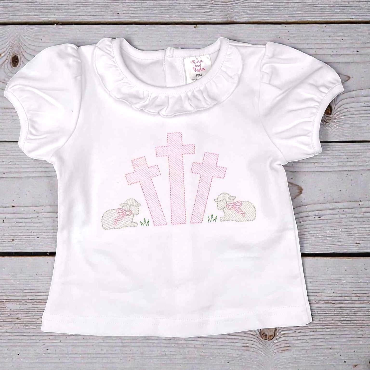 Girls Easter Shirt – Embroidered Cross & Lamb Ruffle Top