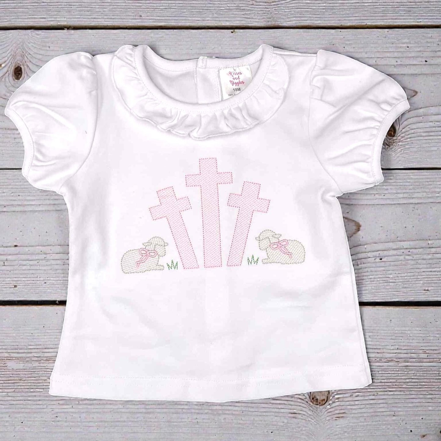 Girls Easter Shirt – Embroidered Cross & Lamb Ruffle Top