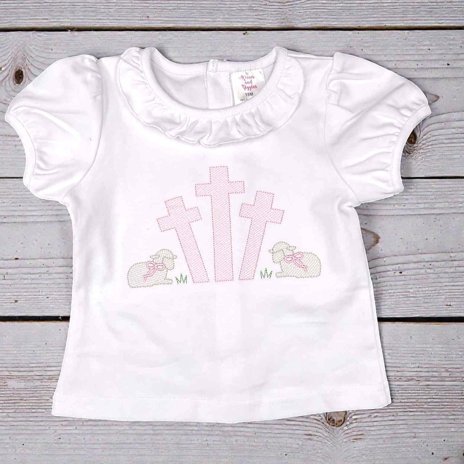 Girls Easter Shirt – Embroidered Cross & Lamb Ruffle Top