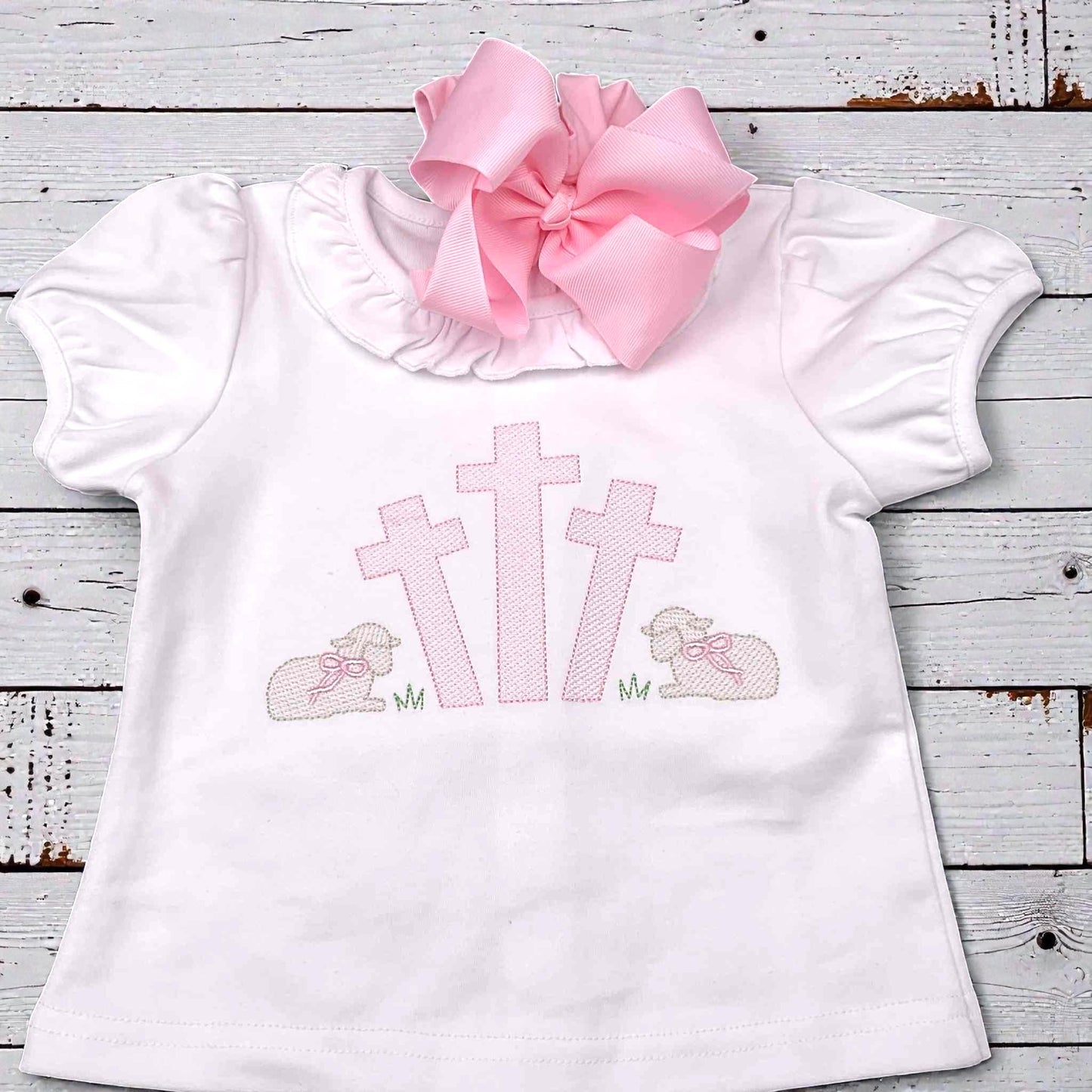 Girls Easter Shirt – Embroidered Cross & Lamb Ruffle Top