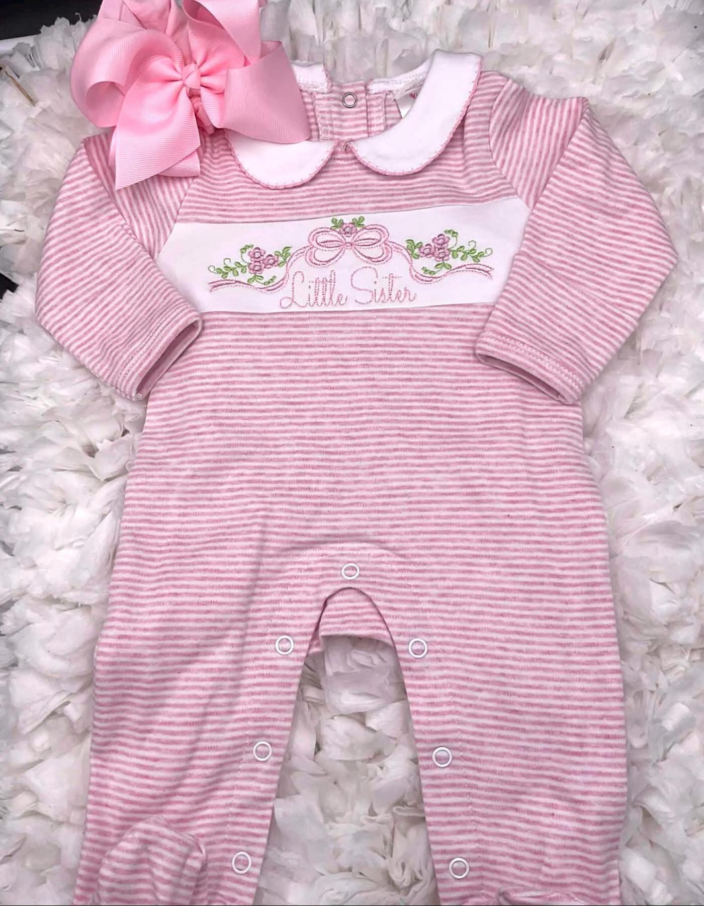 Little Sister Romper | Pink Stripe Baby Footie, Coming Home Outfit