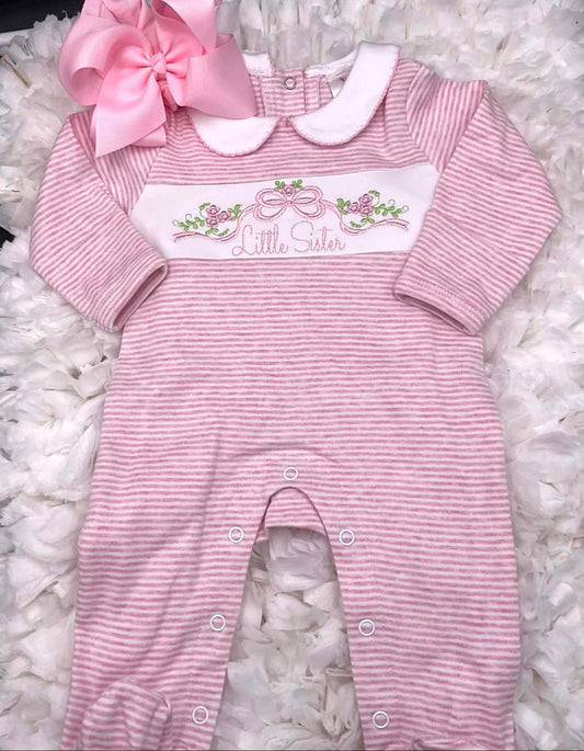 Little Sister Romper | Pink Stripe Baby Footie, Coming Home Outfit