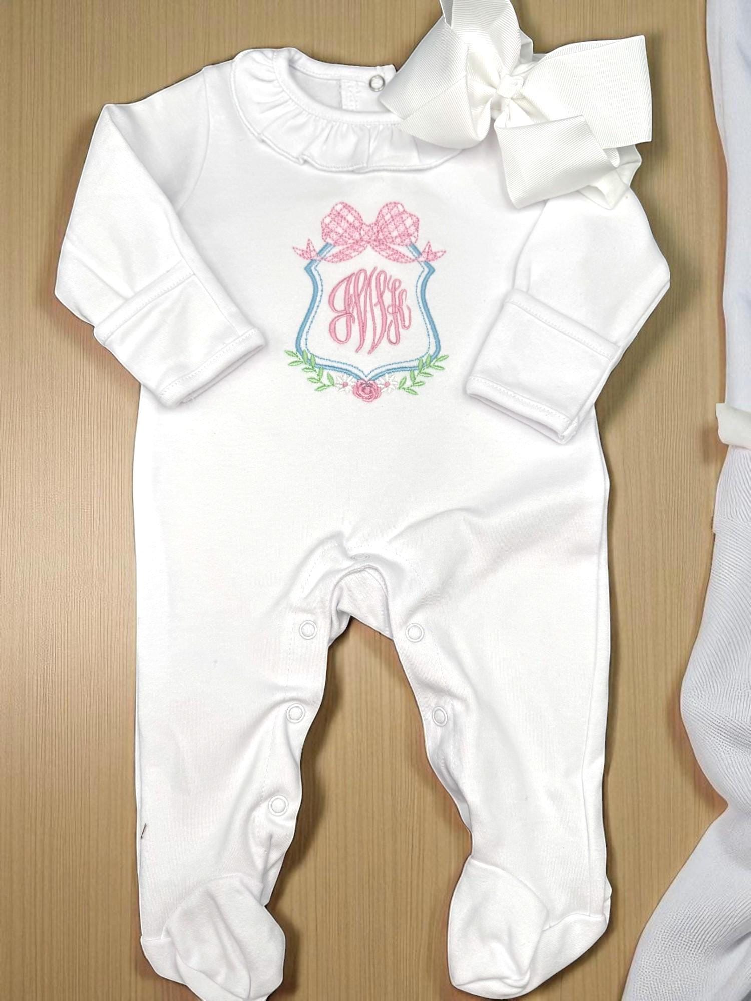 Personalized Newborn Footie: Floral Monogram, White Cotton Knit