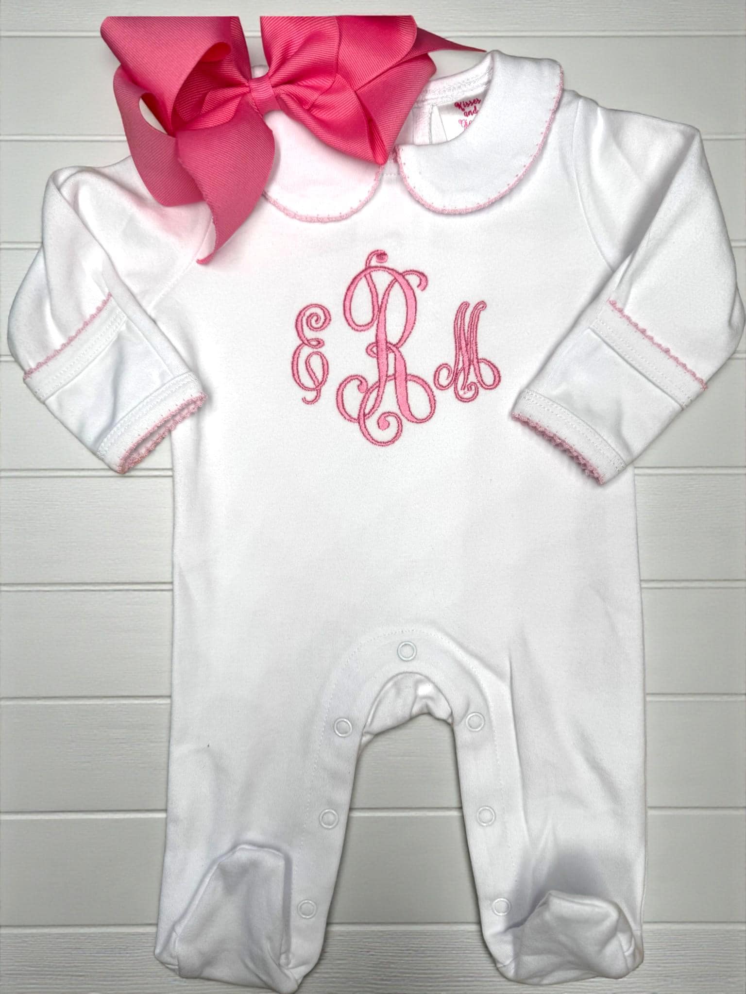 Monogrammed Baby Footie – White Pima Cotton with Pink Picot Trim