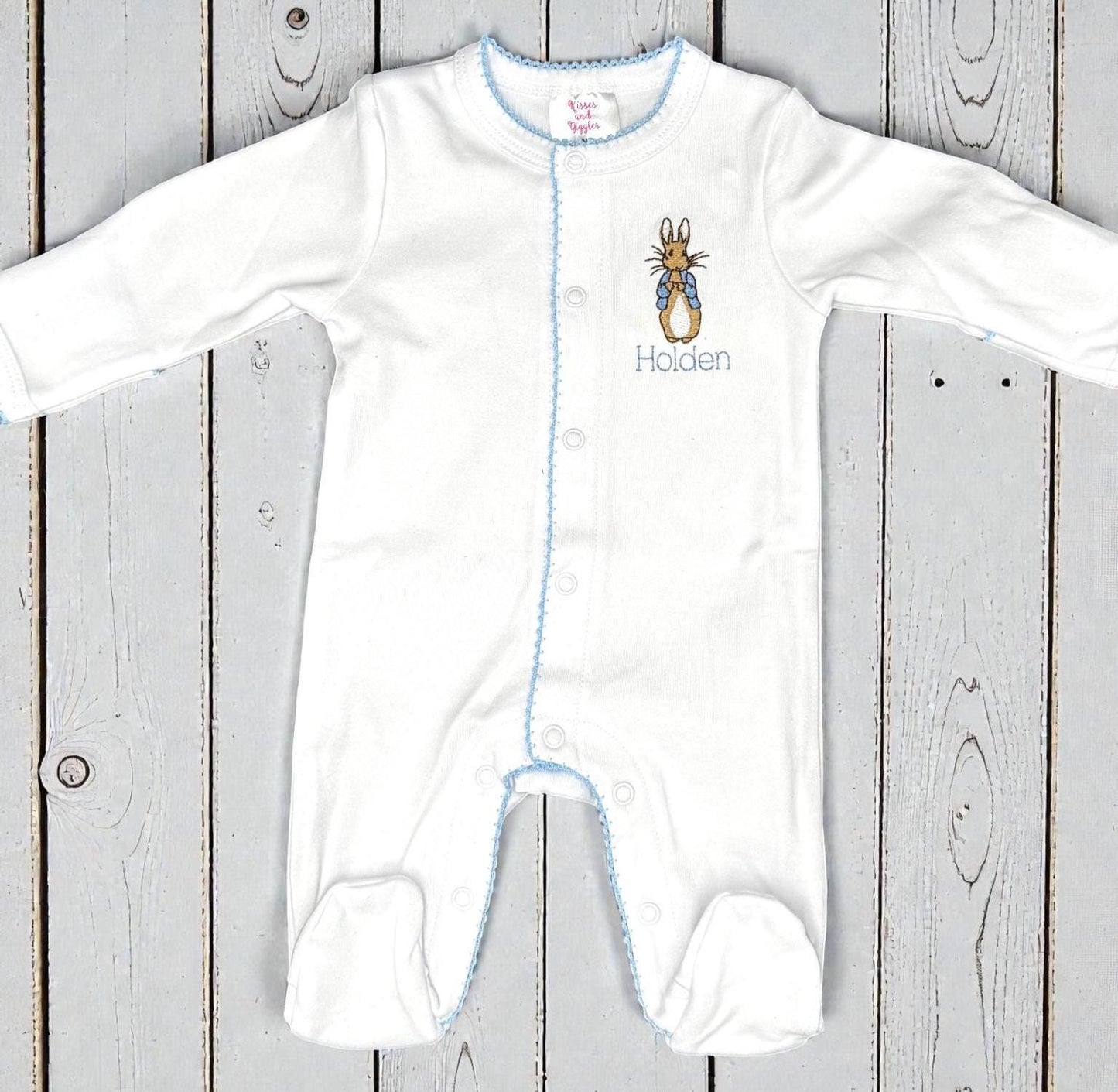 Monogram Baby Boy Footie, Embroidered Bunny, Blue Picot Trim, Coming Home Outfit