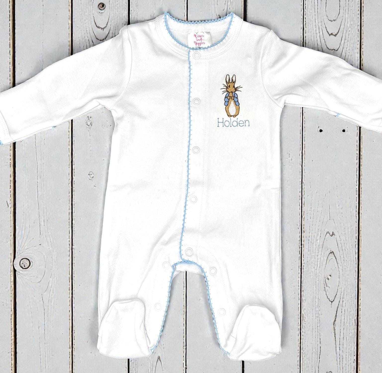 Monogram Baby Boy Footie, Embroidered Bunny, Blue Picot Trim, Coming Home Outfit
