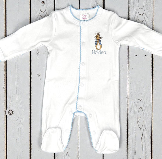 Monogram Baby Boy Footie, Embroidered Bunny, Blue Picot Trim, Coming Home Outfit