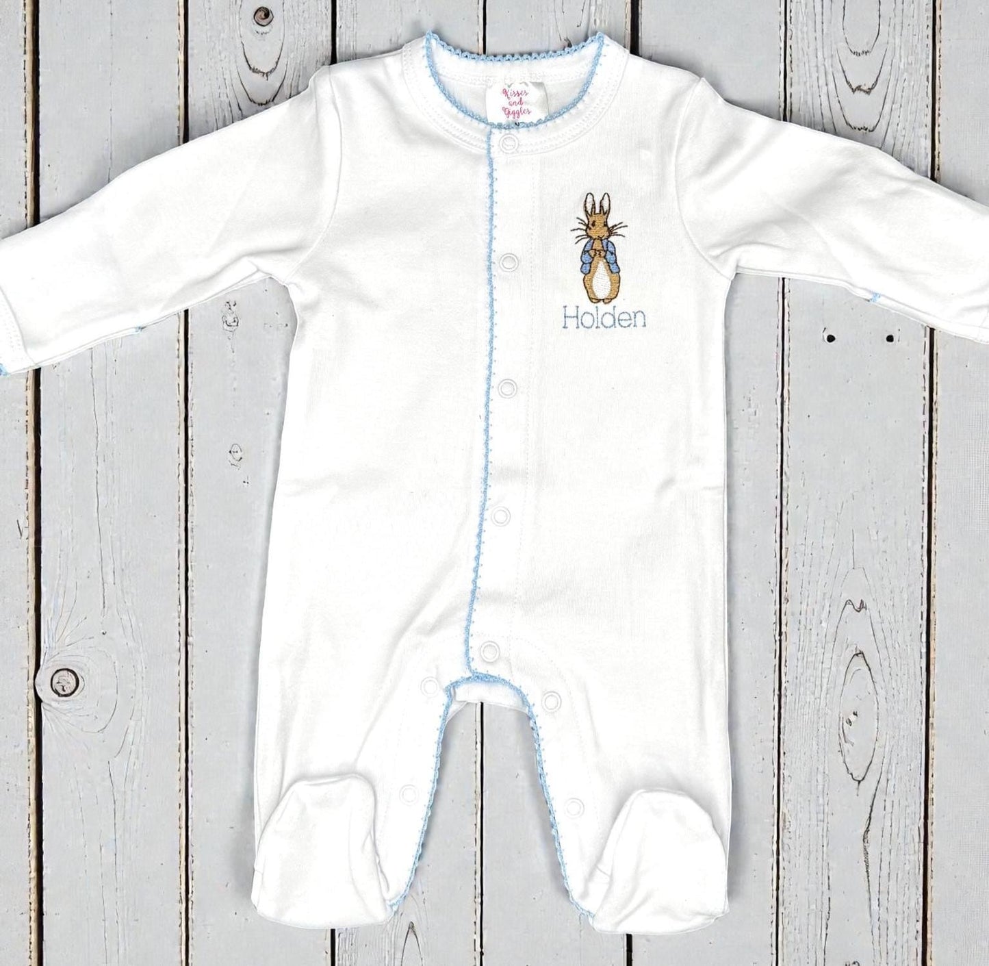 Monogram Baby Boy Footie, Embroidered Bunny, Blue Picot Trim, Coming Home Outfit