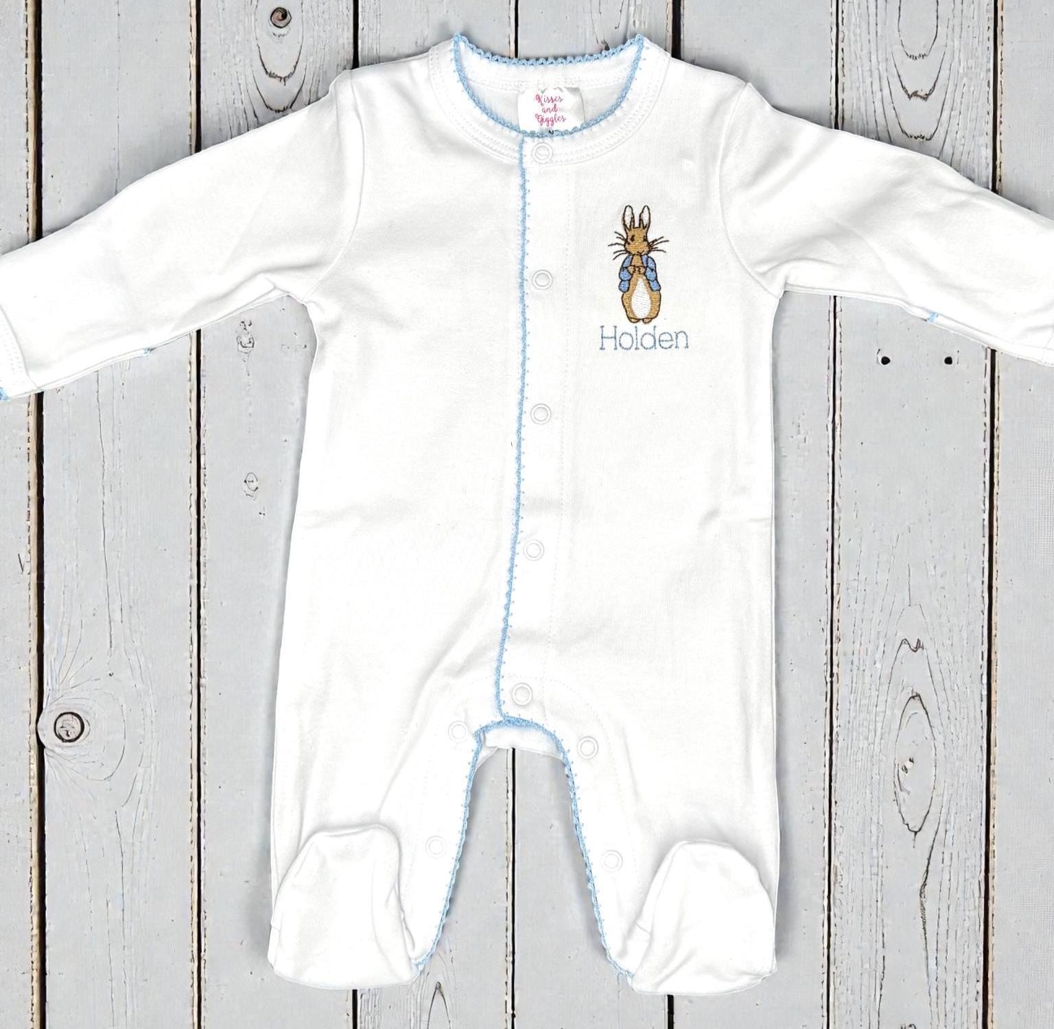 Monogram Baby Boy Footie, Embroidered Bunny, Blue Picot Trim, Coming Home Outfit