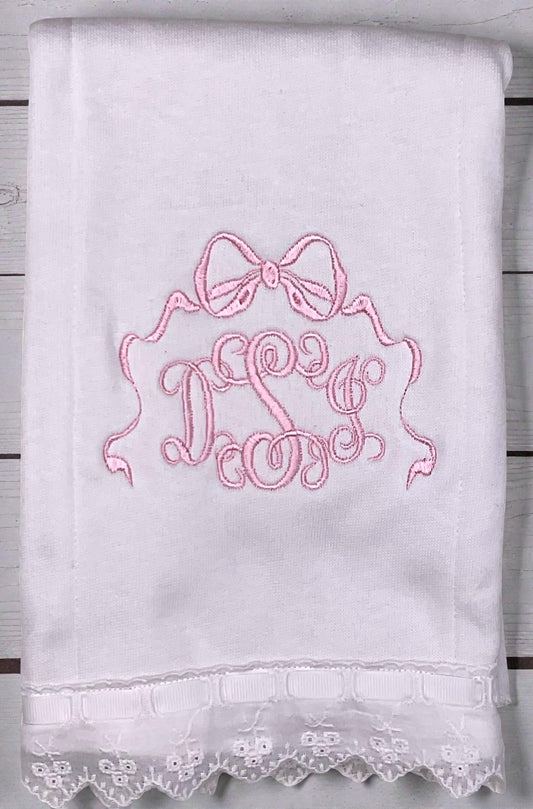 Personalized Christening Burp Cloth, Pink Lace Trim, Embroidered Monogram