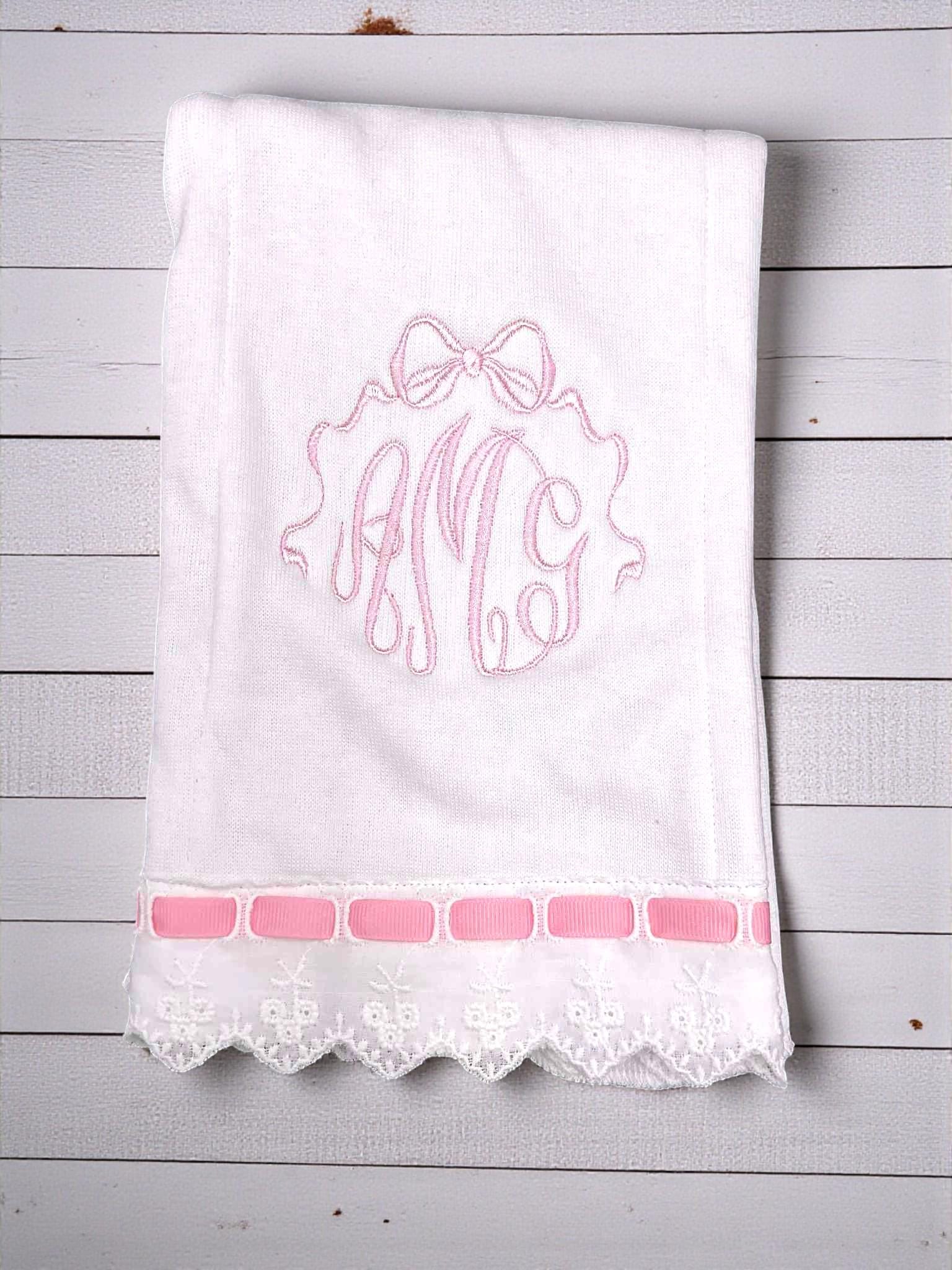 Personalized Christening Burp Cloth, Pink Lace Trim, Embroidered Monogram