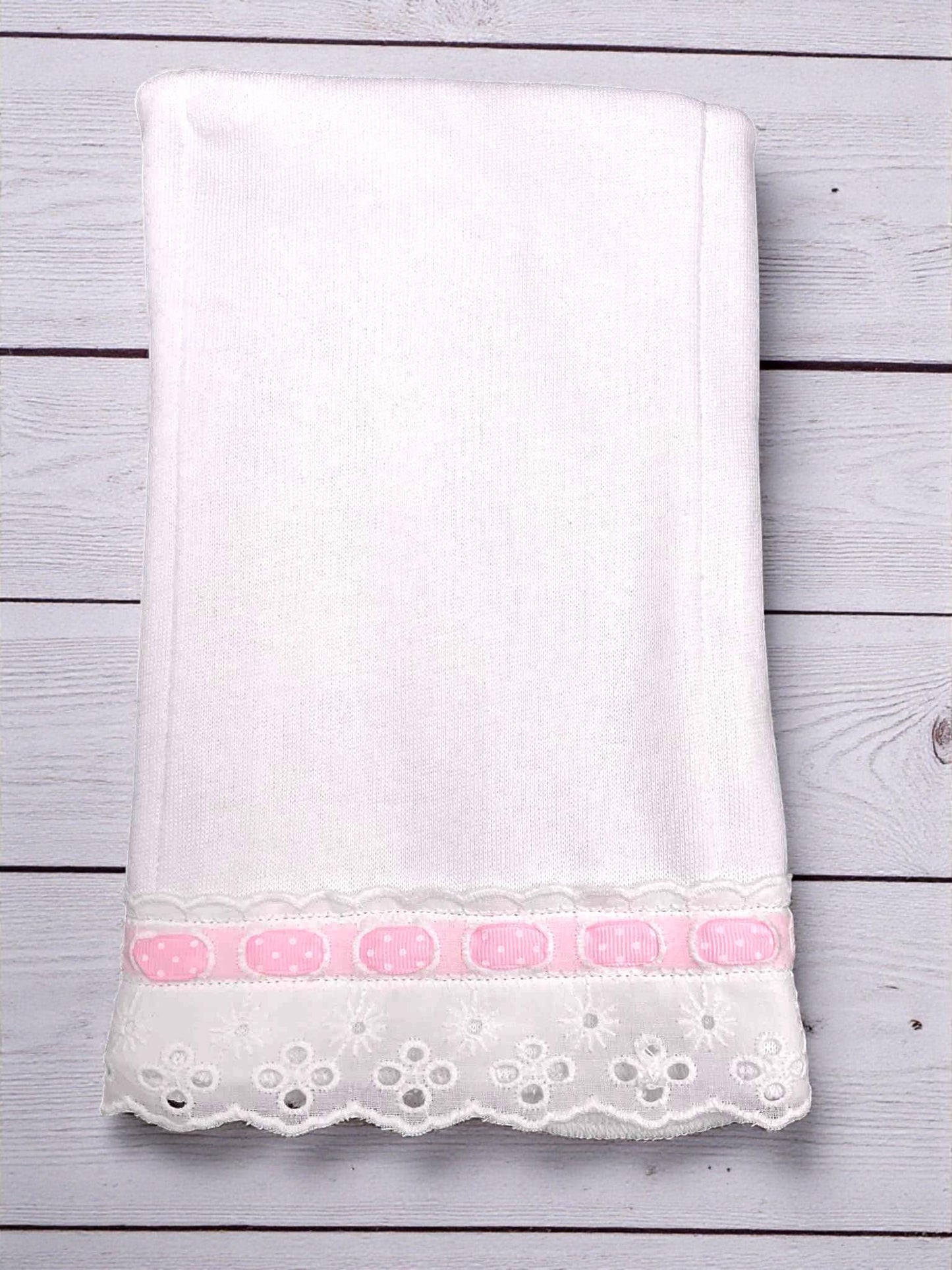 Personalized Christening Burp Cloth, Pink Lace Trim, Embroidered Monogram