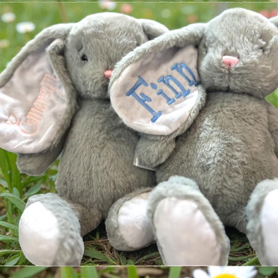 Personalized Gray Bunny Plush, Custom Embroidered Easter Basket Keepsake