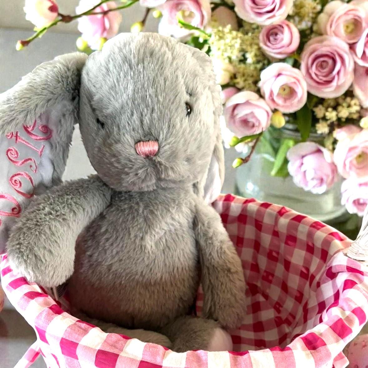 Personalized Gray Bunny Plush, Custom Embroidered Easter Basket Keepsake