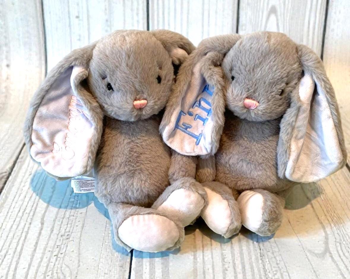 Personalized Gray Bunny Plush, Custom Embroidered Easter Basket Keepsake