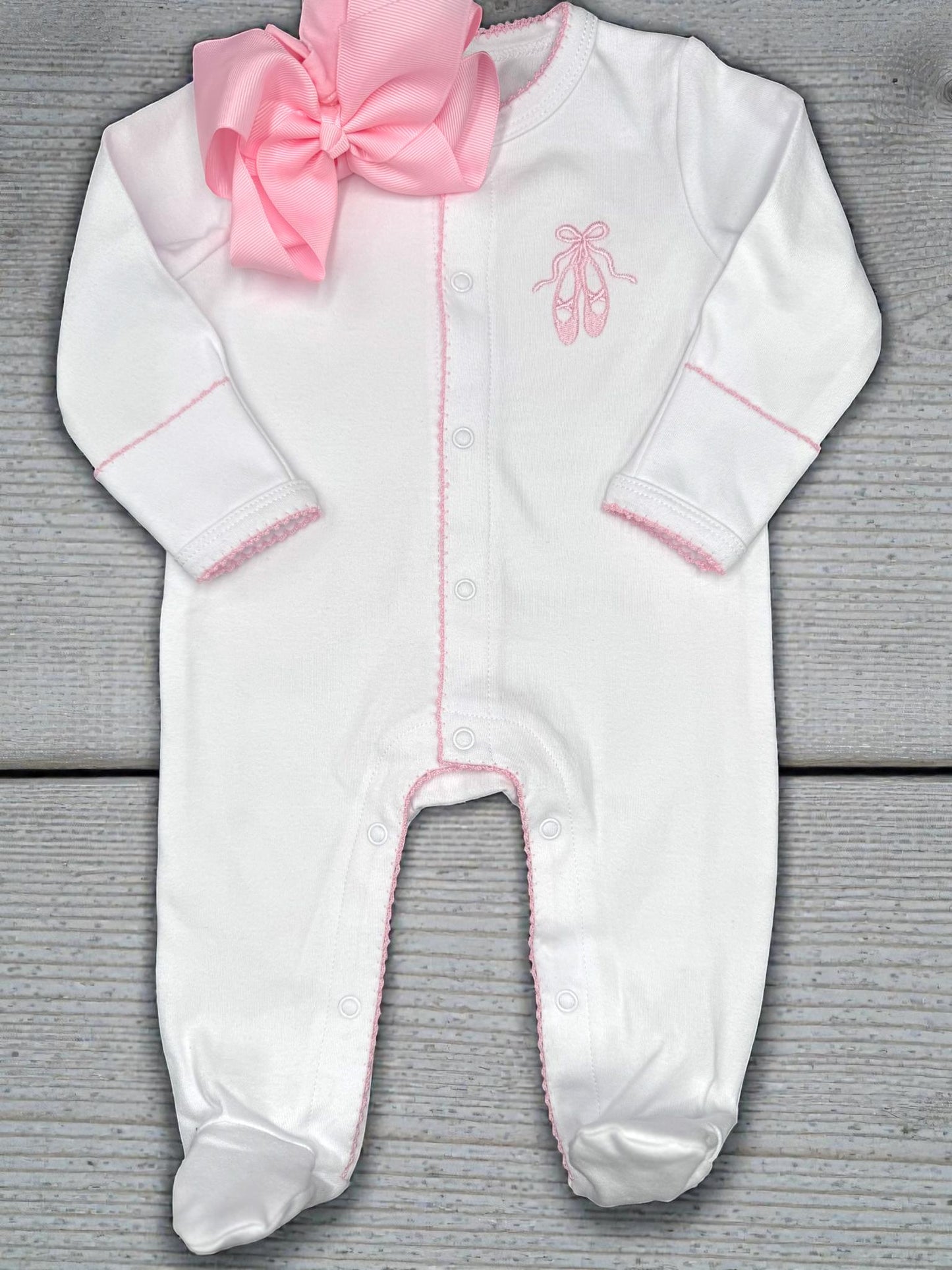 Ballet Shoes Baby Footie, Pink Picot Trim, Newborn Outfit