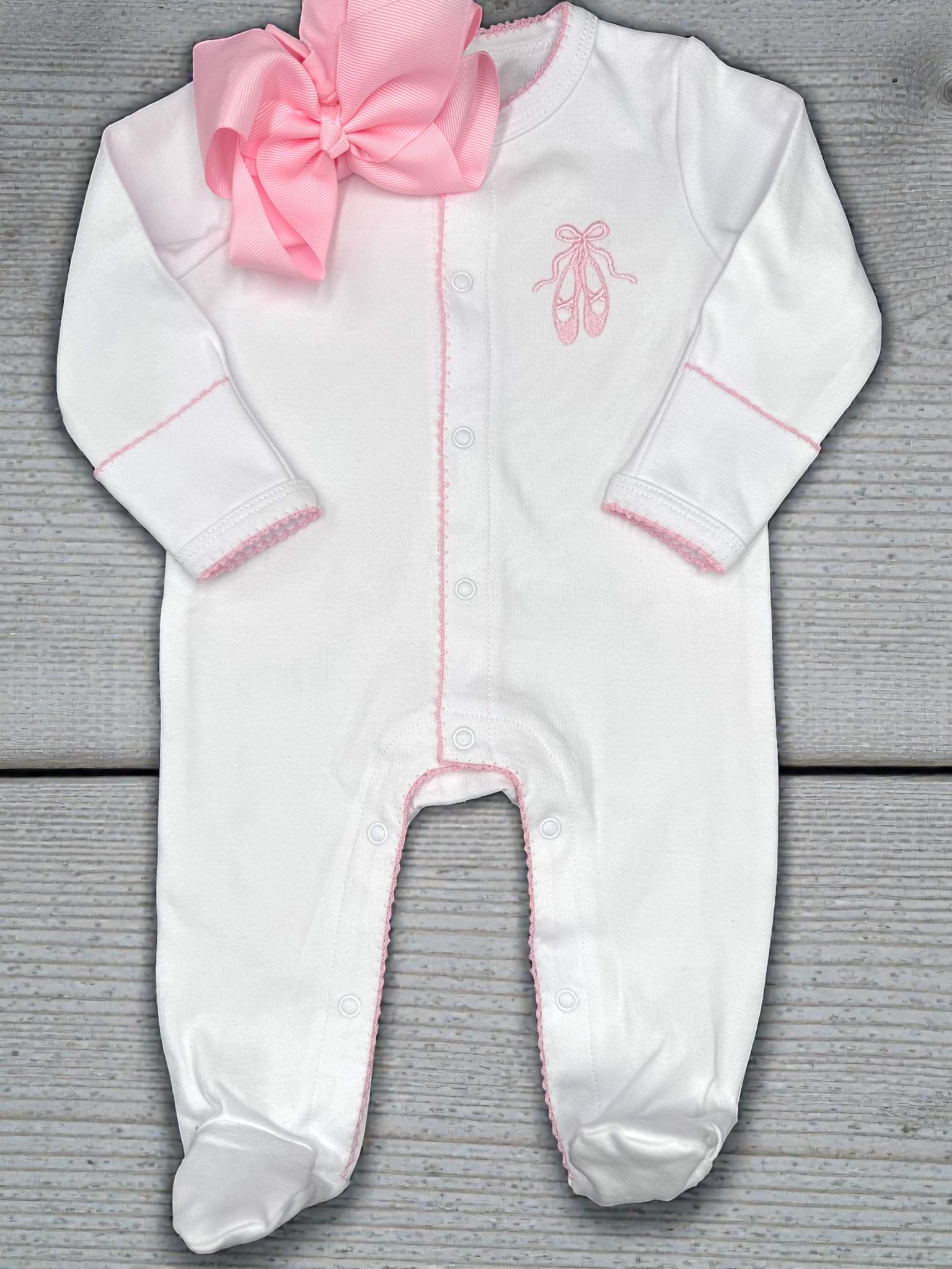 Ballet Shoes Baby Footie, Pink Picot Trim, Newborn Outfit
