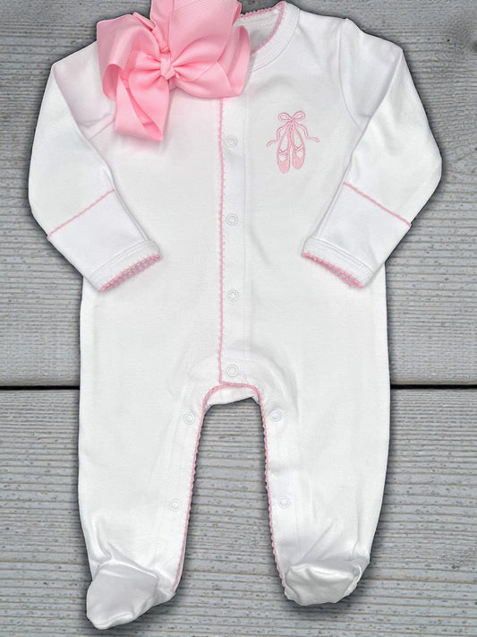Ballet Shoes Baby Footie, Pink Picot Trim, Newborn Outfit