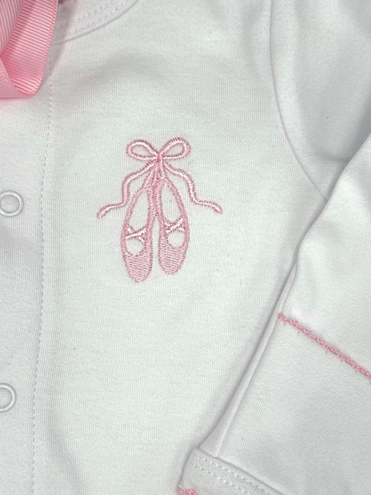 Ballet Shoes Baby Footie, Pink Picot Trim, Newborn Outfit