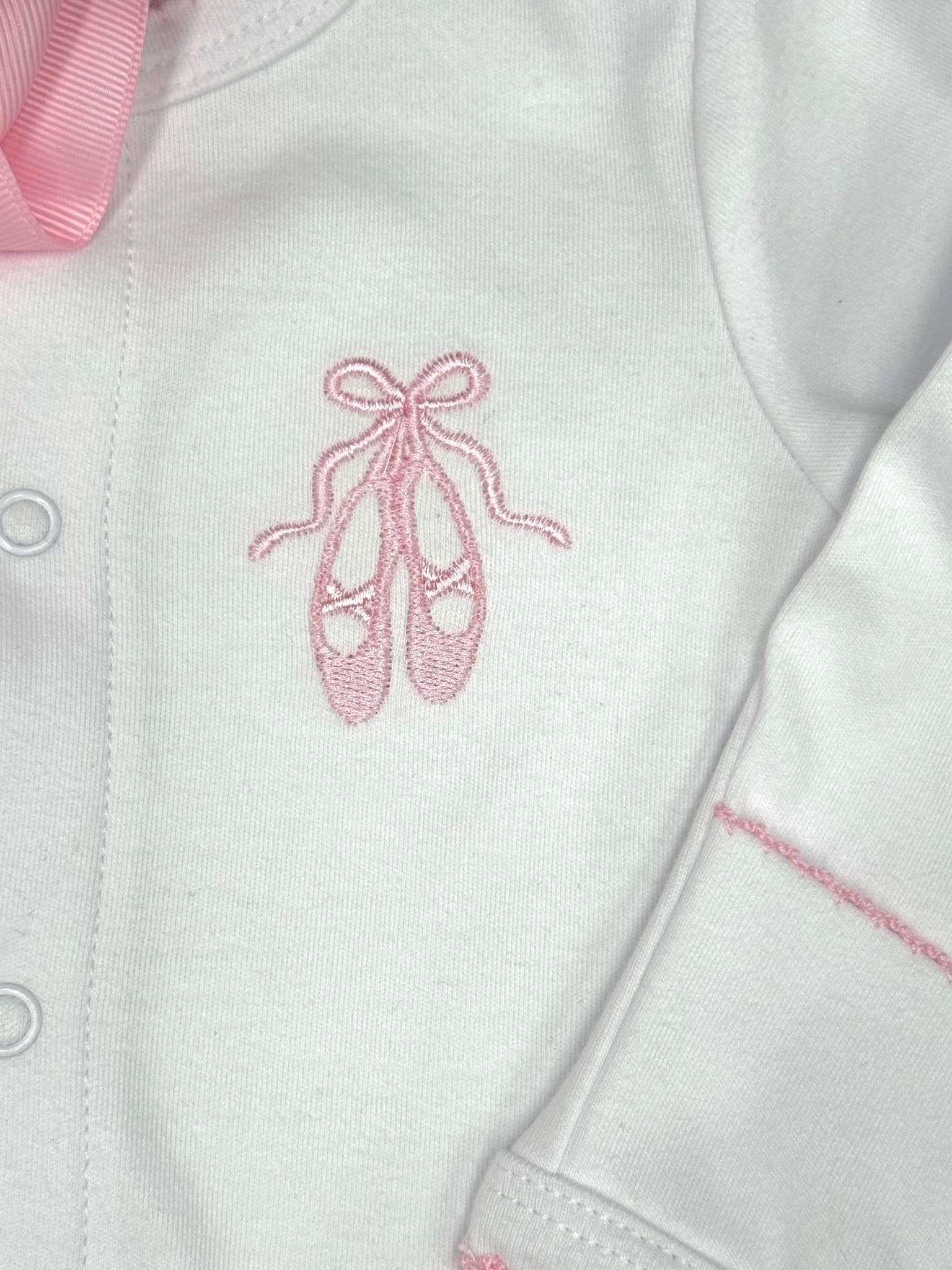 Ballet Shoes Baby Footie, Pink Picot Trim, Newborn Outfit