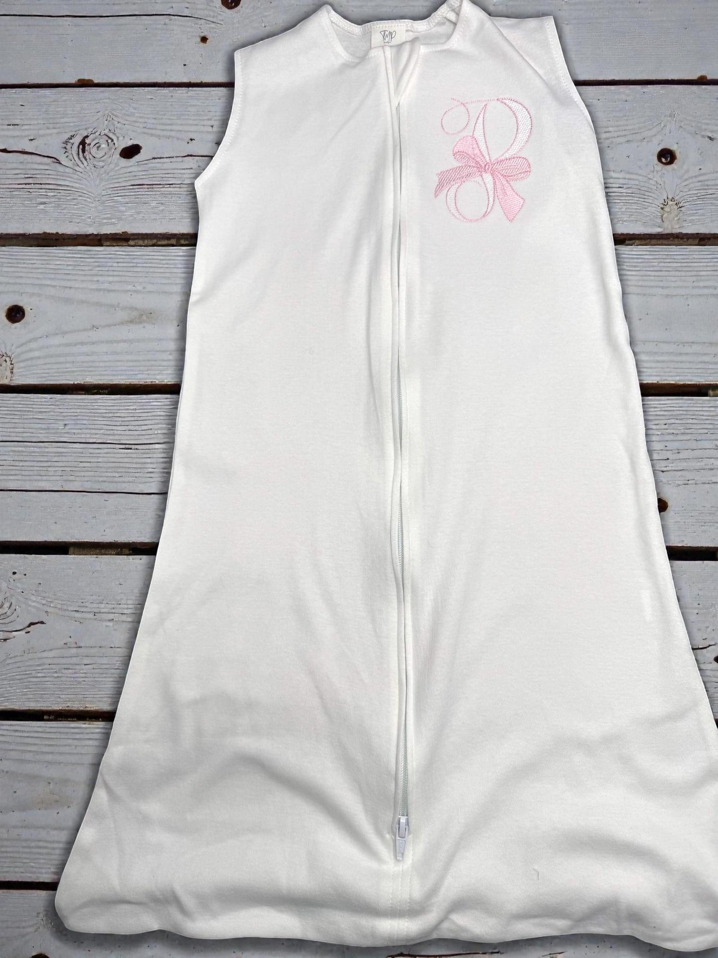 Personalized Baby Wearable Sleep Sack – Soft White Cotton with Bow Initial