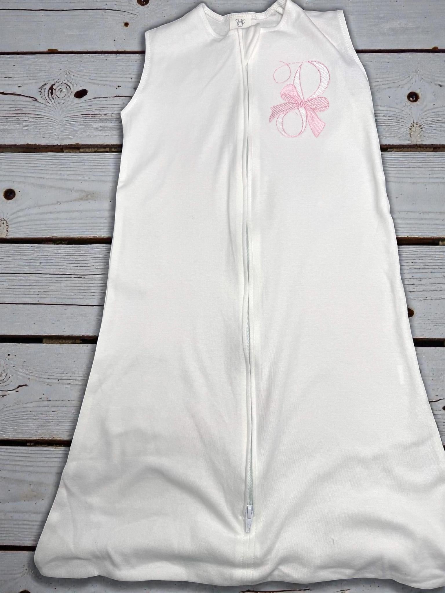 Personalized Baby Wearable Sleep Sack – Soft White Cotton with Bow Initial