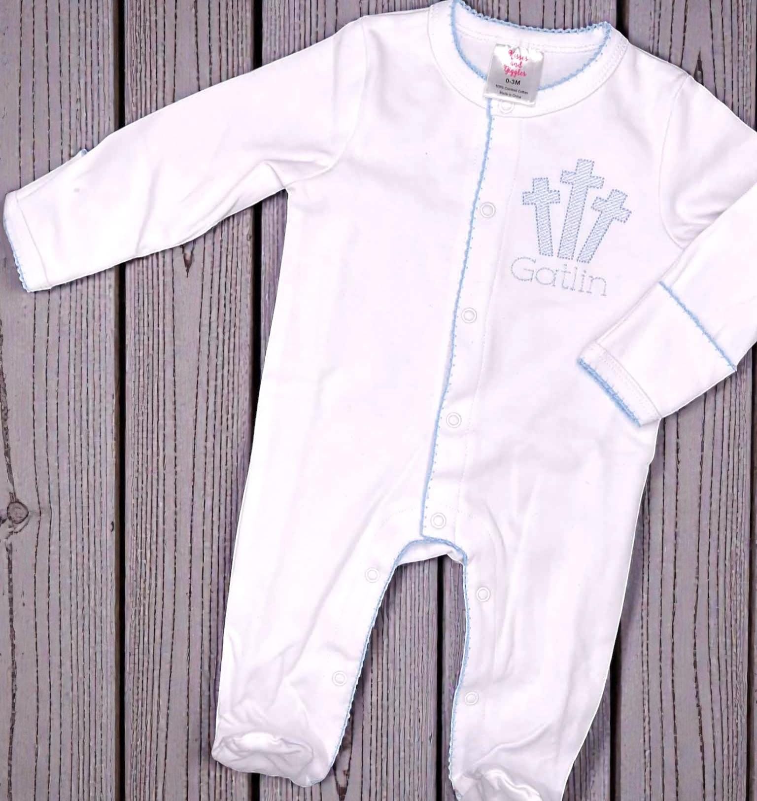 Heirloom Three Cross Baby Footie – Blue Picot Trim | Personalized Christian Newborn Outfit | Baptism Gift
