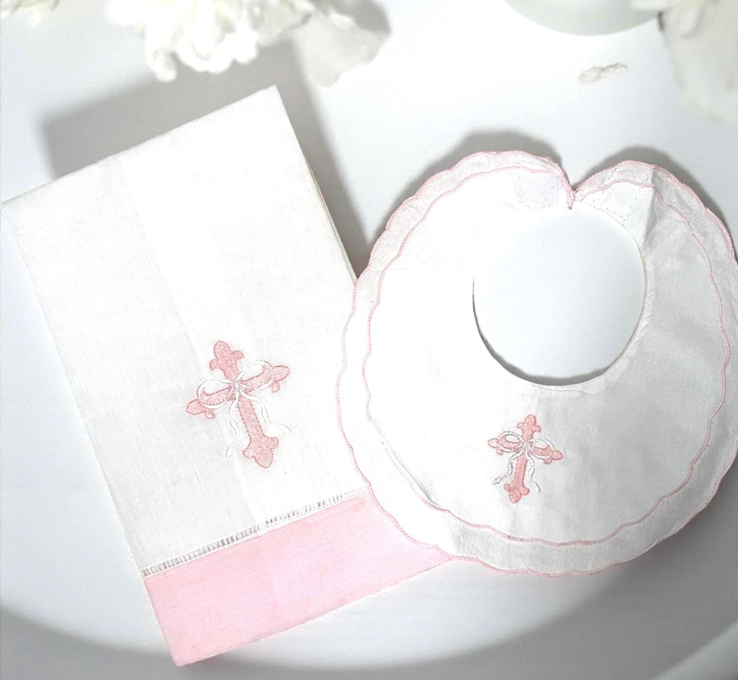 Personalized Embroidered Pink Scalloped Bib and Burp Cloth Set – Baptism Gift