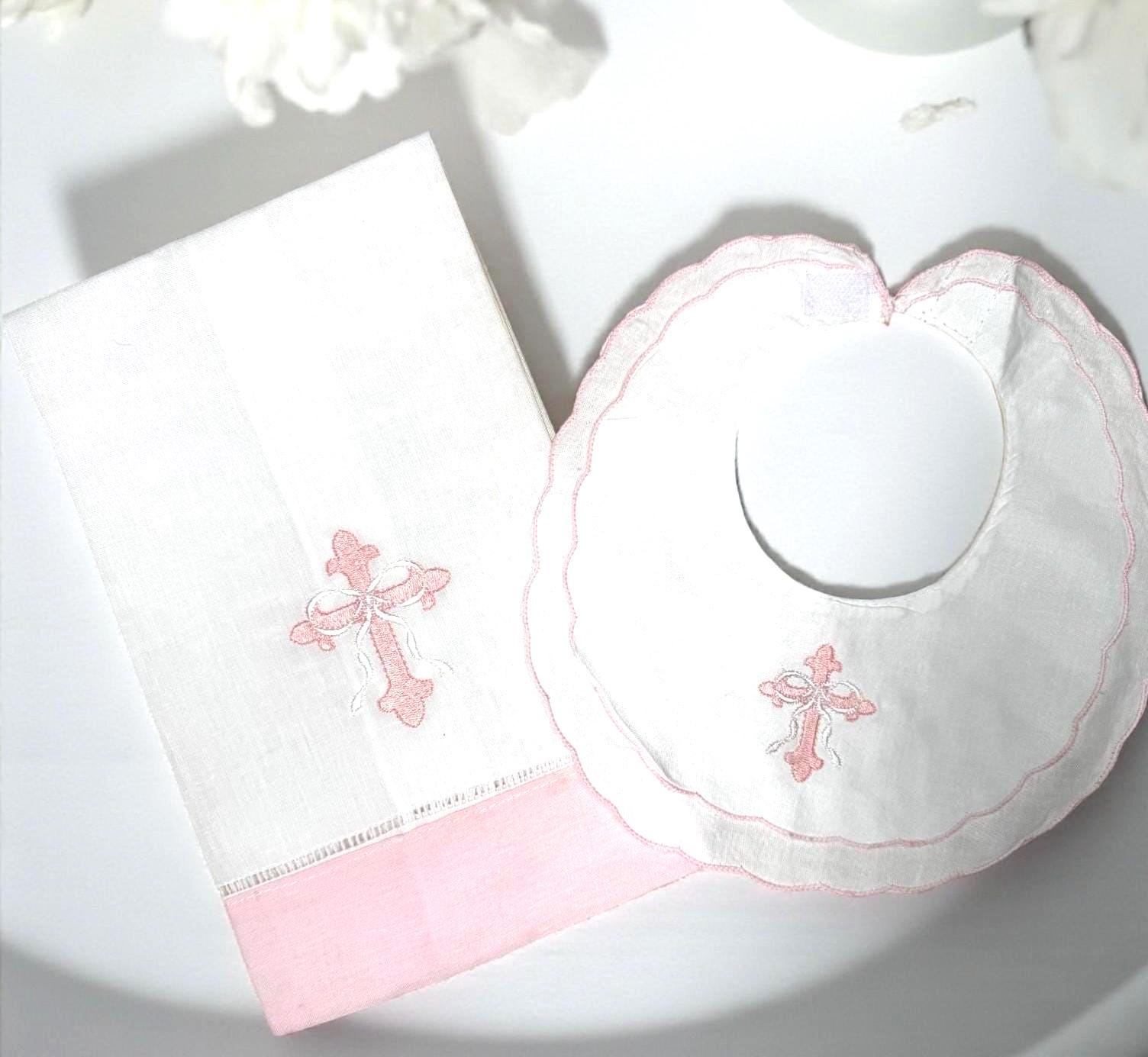 Personalized Embroidered Pink Scalloped Bib and Burp Cloth Set – Baptism Gift