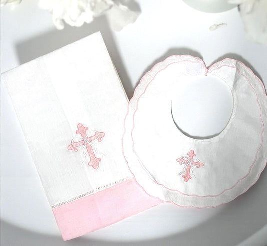 Personalized Embroidered Pink Scalloped Bib and Burp Cloth Set – Baptism Gift