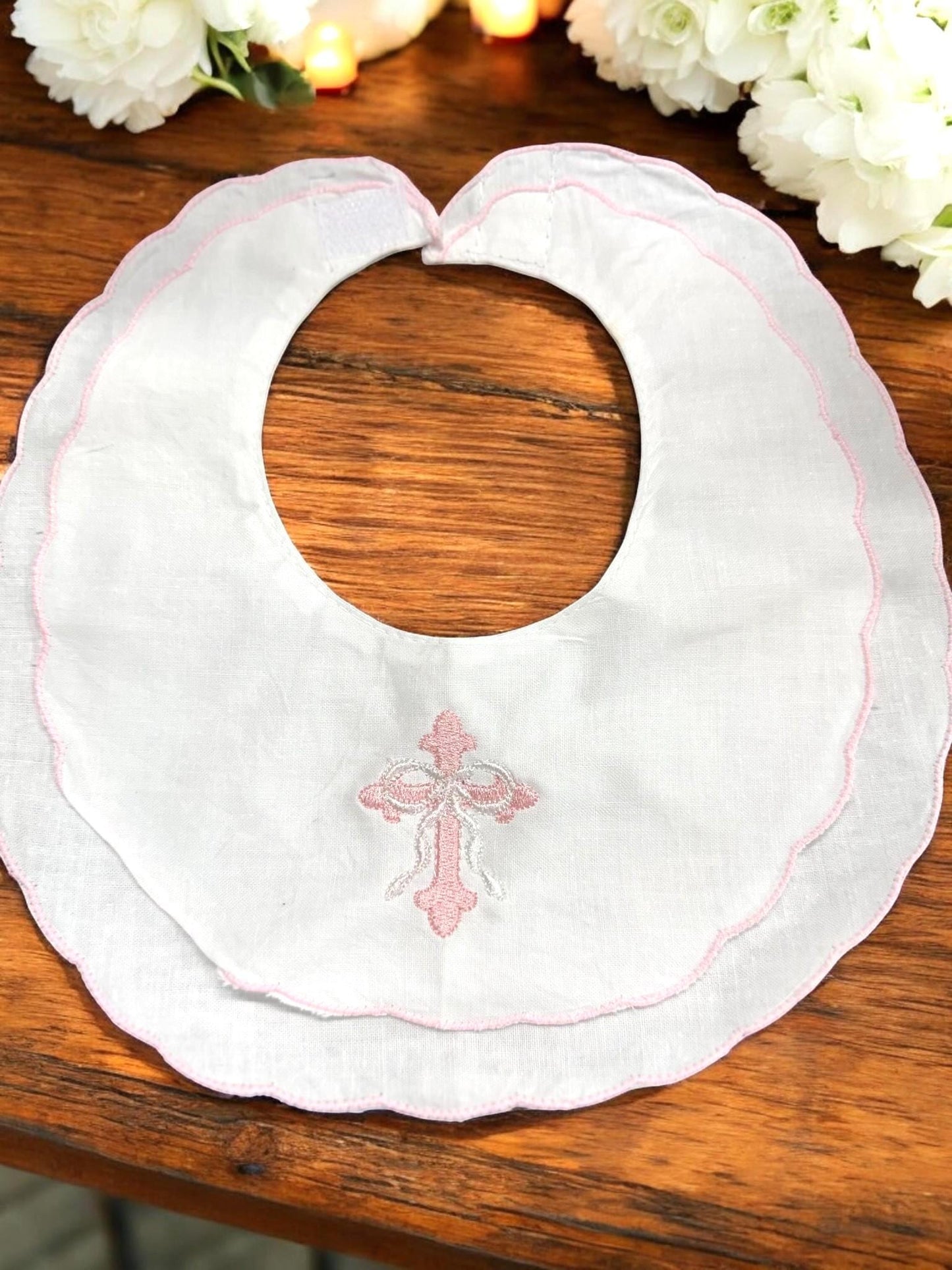 Personalized Embroidered Pink Scalloped Bib and Burp Cloth Set – Baptism Gift