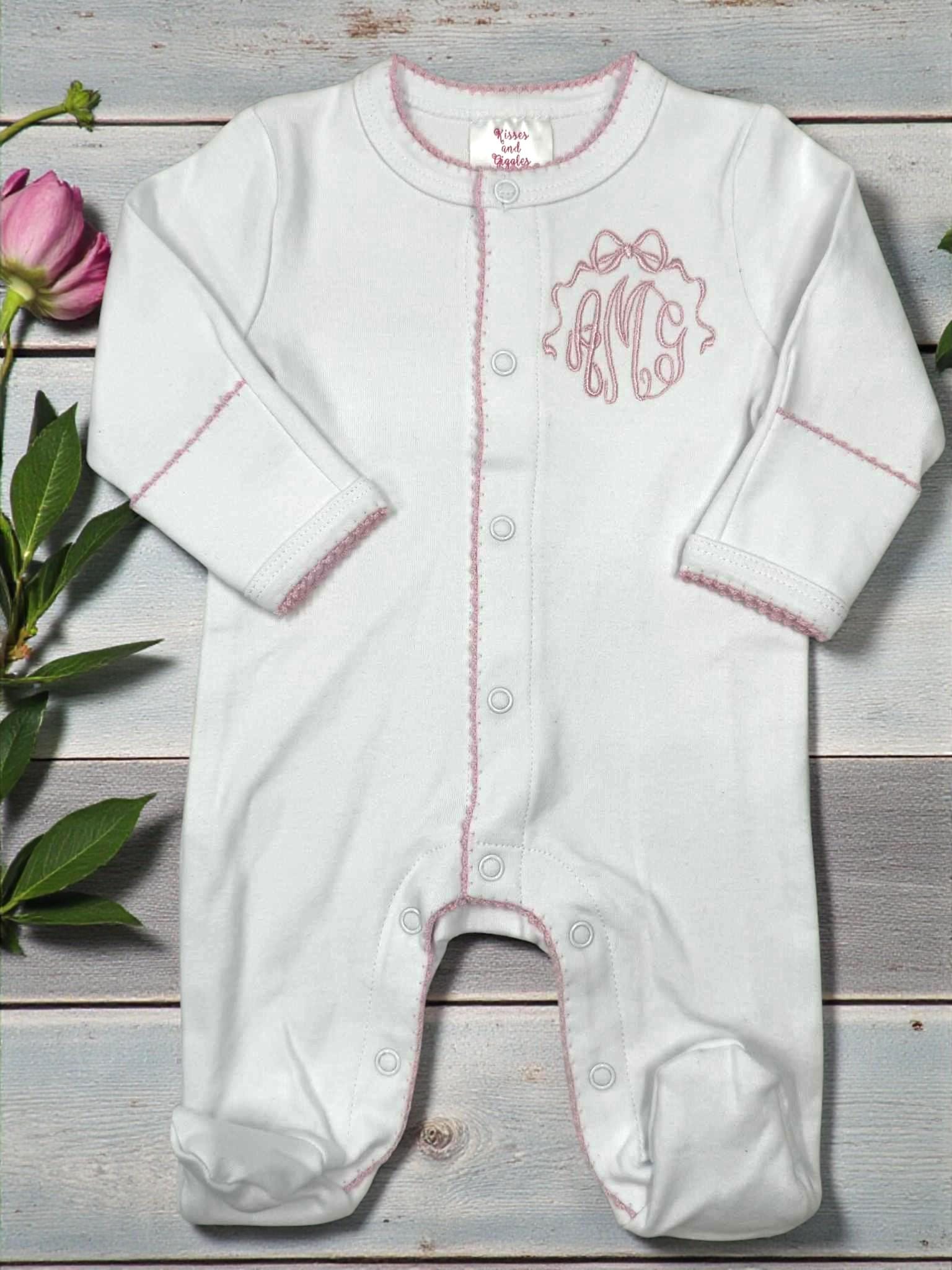 Personalized Baby Girl Footed Romper, Pink Picot Trim, Coming Home Outfit