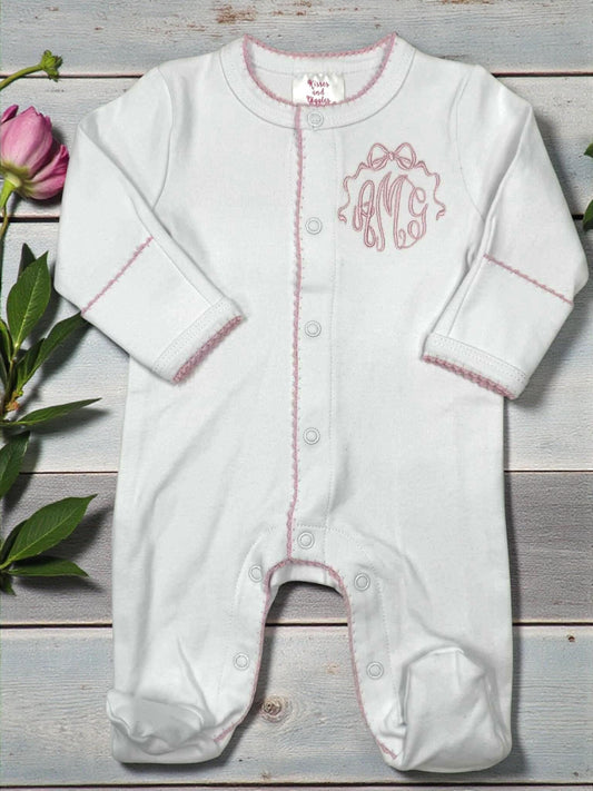Personalized Baby Girl Footed Romper, Pink Picot Trim, Coming Home Outfit