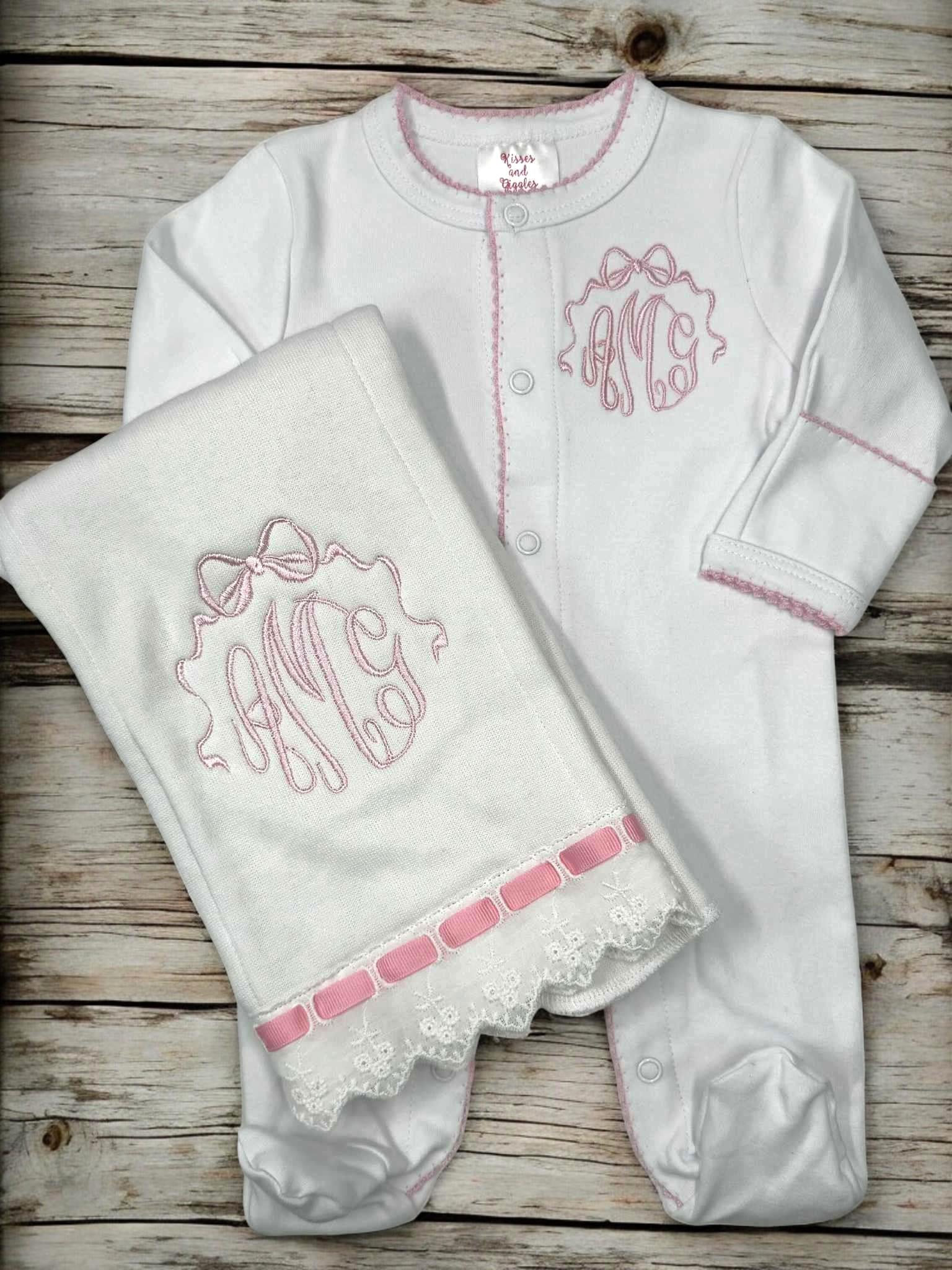 Personalized Baby Girl Footed Romper, Pink Picot Trim, Coming Home Outfit
