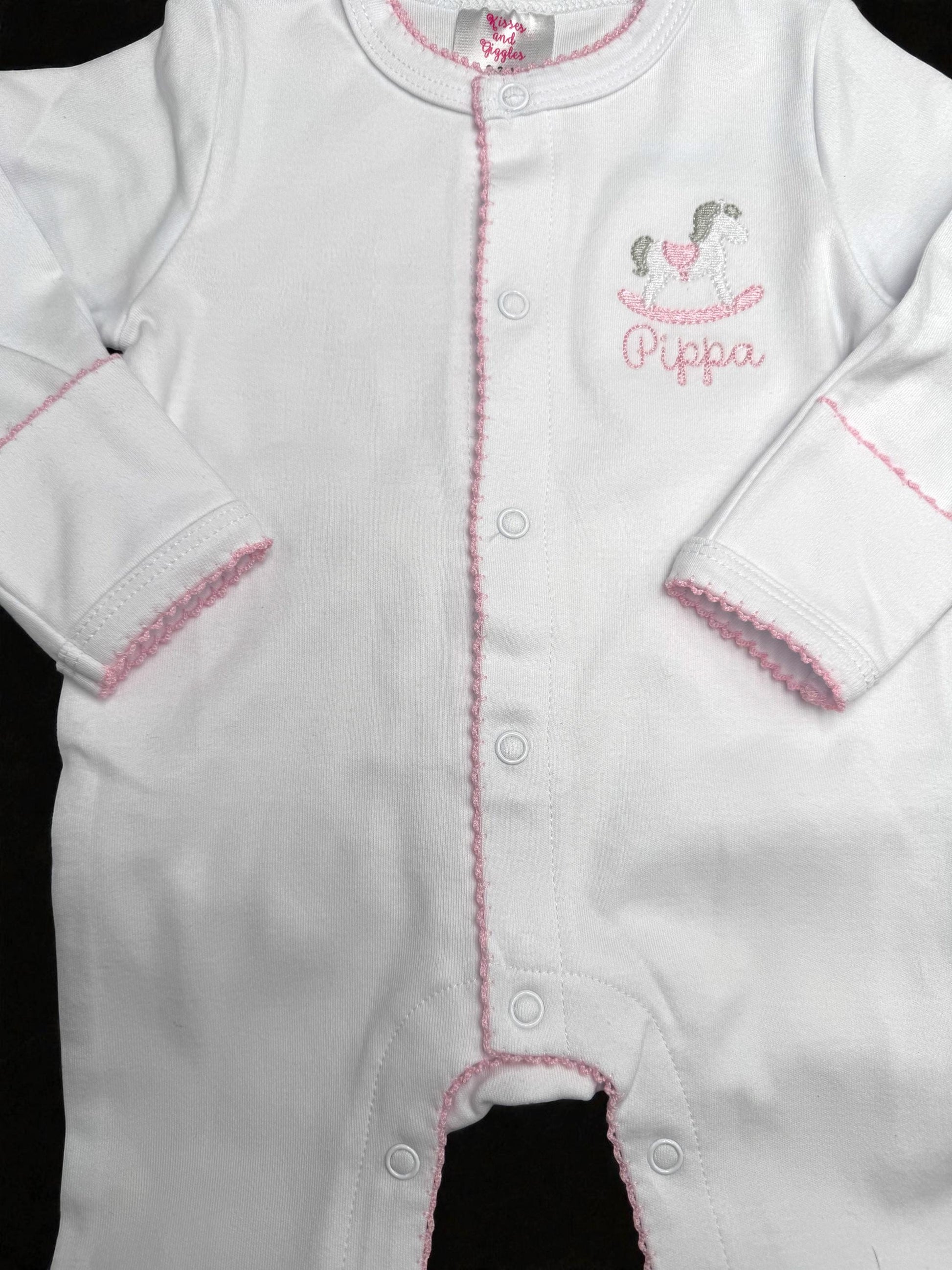 Rocking Horse Baby Footie, Pink Picot Trim, Newborn Outfit