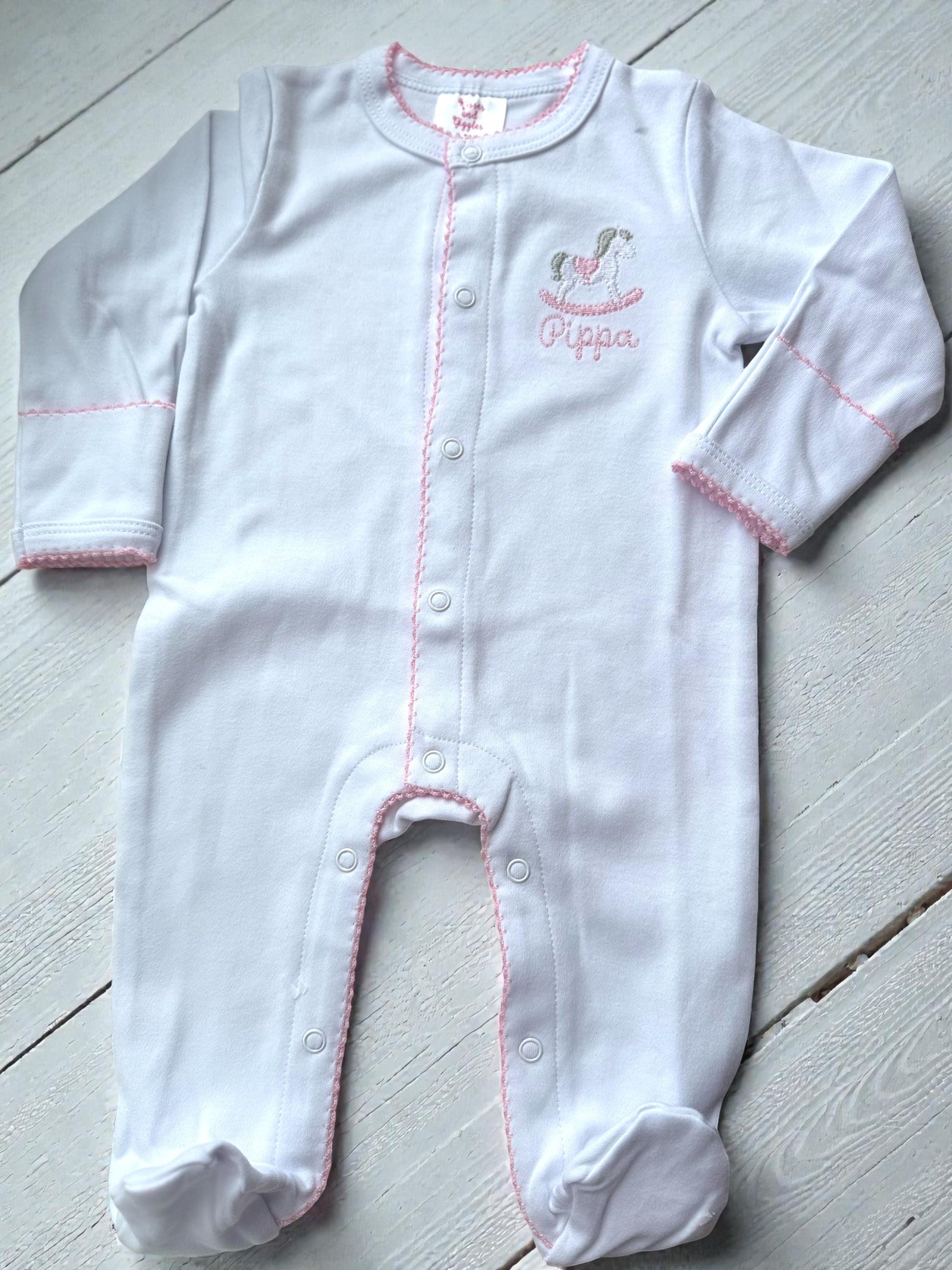 Rocking Horse Baby Footie, Pink Picot Trim, Newborn Outfit