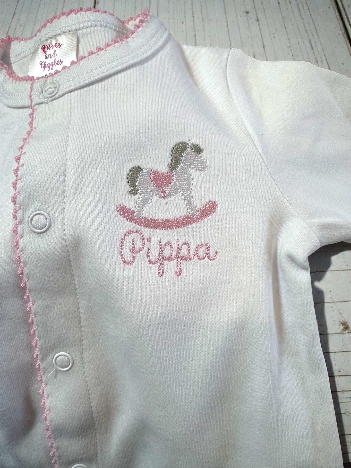Rocking Horse Baby Footie, Pink Picot Trim, Newborn Outfit