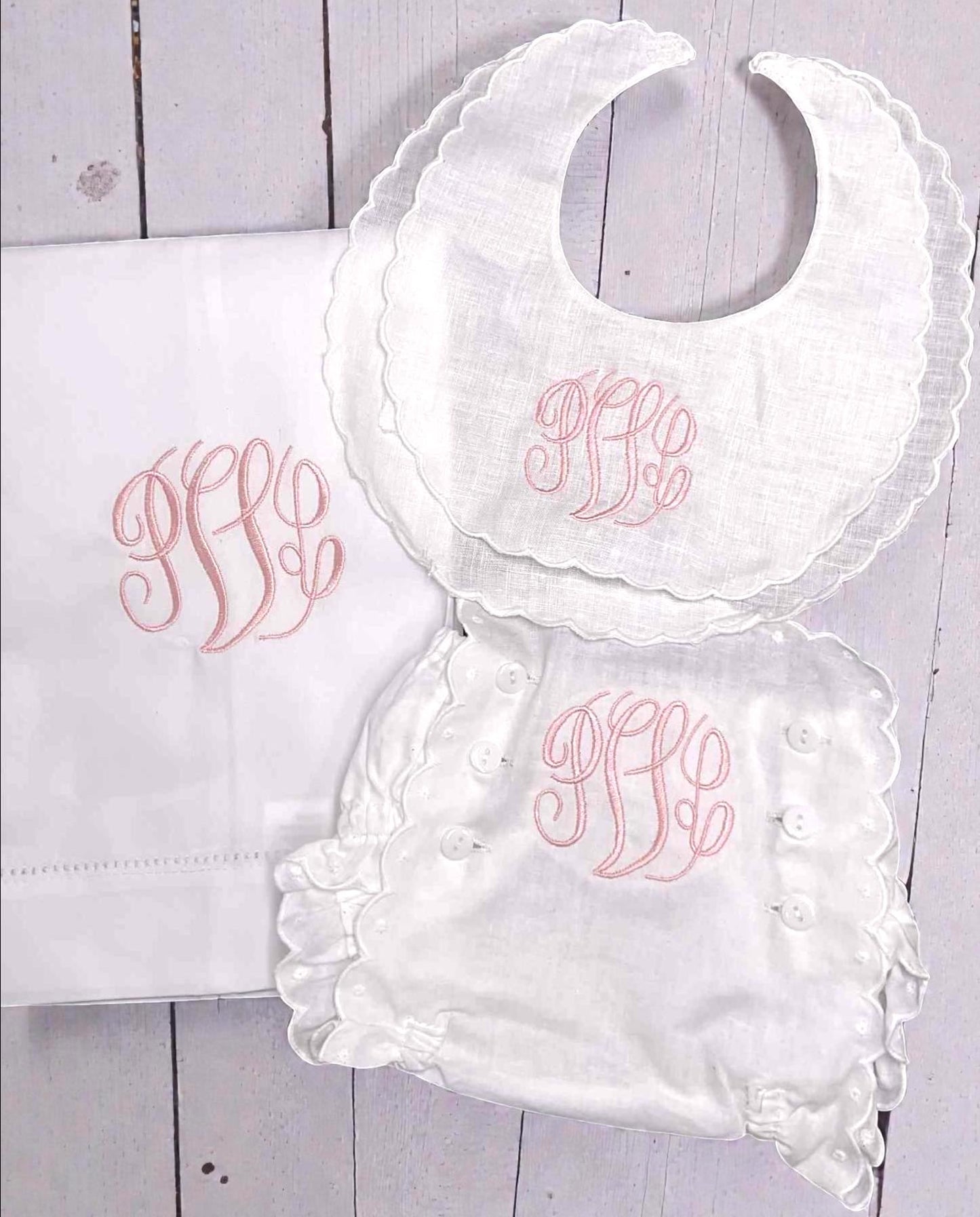 Personalized Baby Girl Bib, Burp Cloth & Bloomers Set, Scalloped Monogram Cotton