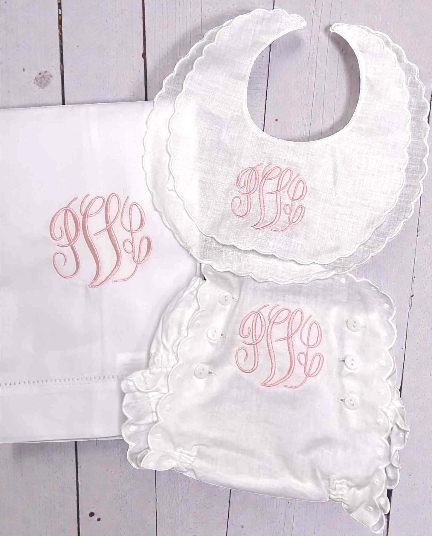 Personalized Baby Girl Bib, Burp Cloth & Bloomers Set, Scalloped Monogram Cotton