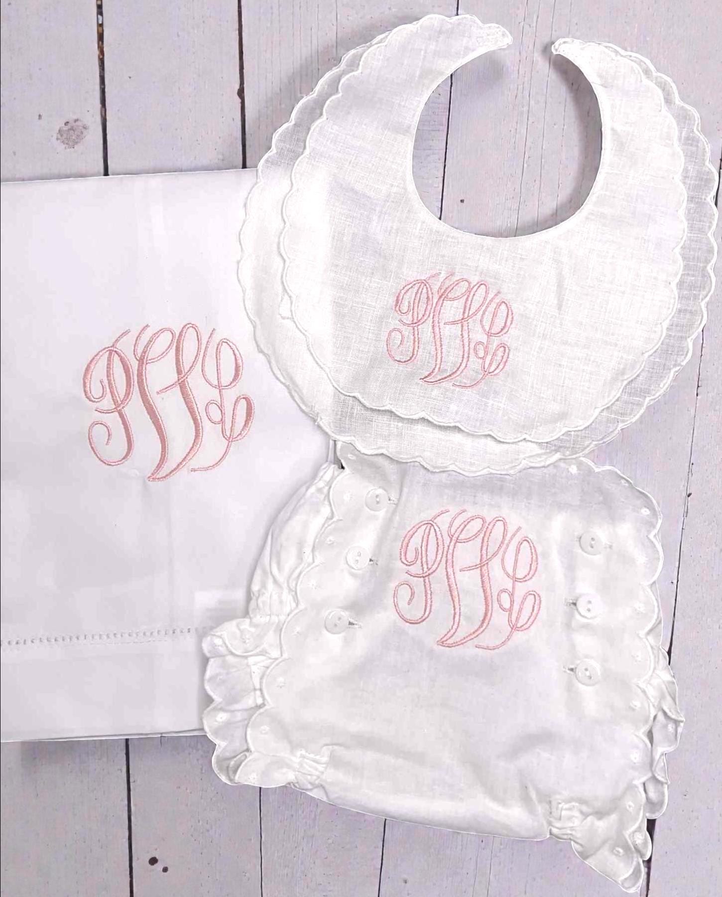 Personalized Baby Girl Bib, Burp Cloth & Bloomers Set, Scalloped Monogram Cotton