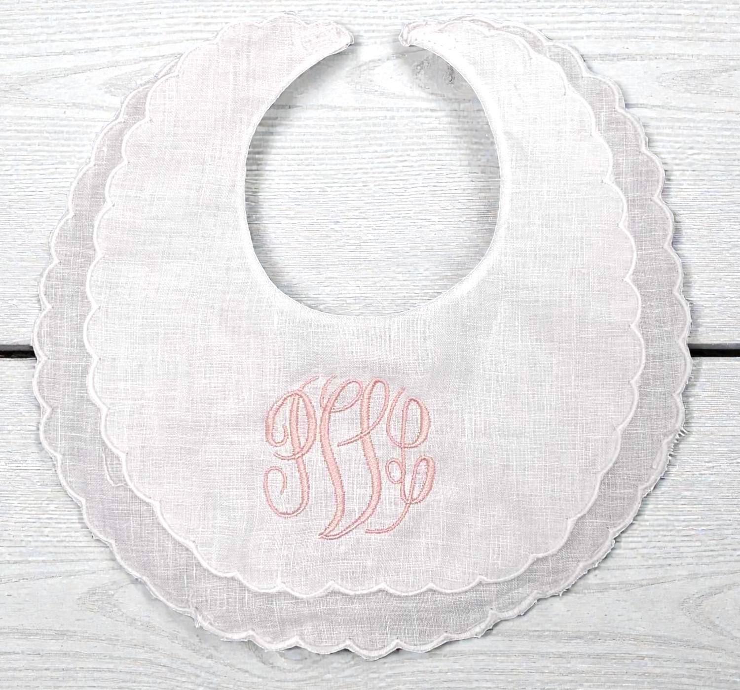 Personalized Baby Girl Bib, Burp Cloth & Bloomers Set, Scalloped Monogram Cotton