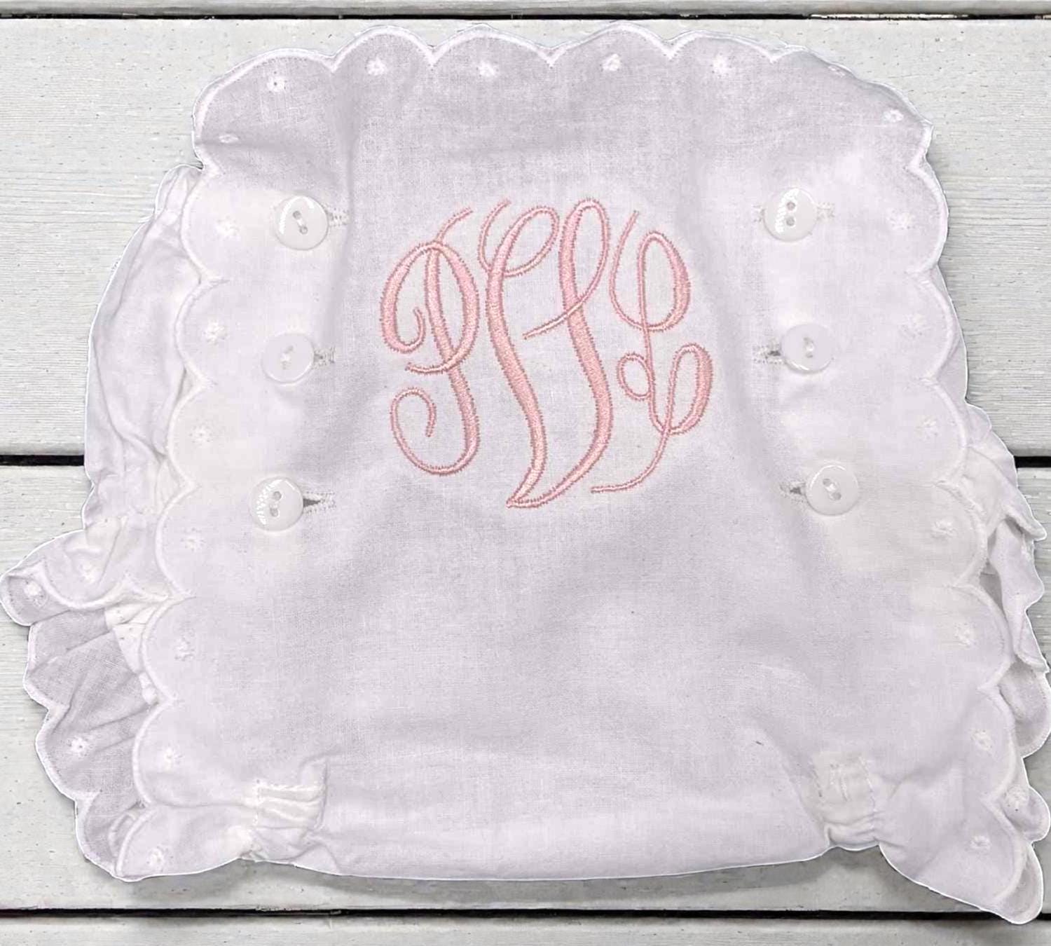 Personalized Baby Girl Bib, Burp Cloth & Bloomers Set, Scalloped Monogram Cotton