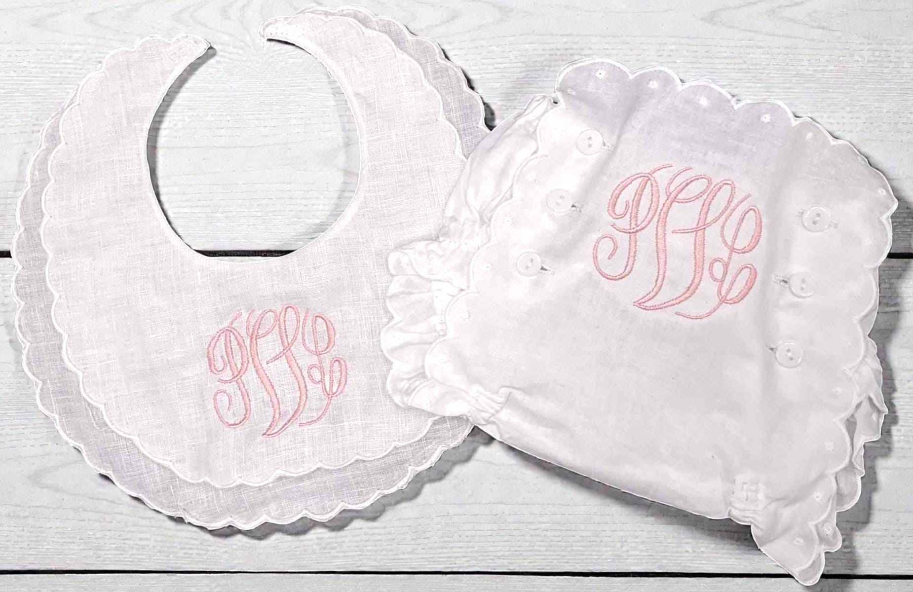Personalized Baby Girl Bib, Burp Cloth & Bloomers Set, Scalloped Monogram Cotton