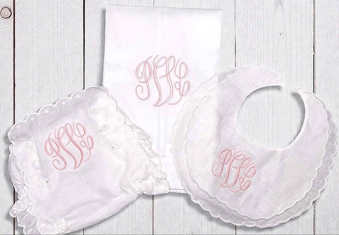 Personalized Baby Girl Bib, Burp Cloth & Bloomers Set, Scalloped Monogram Cotton
