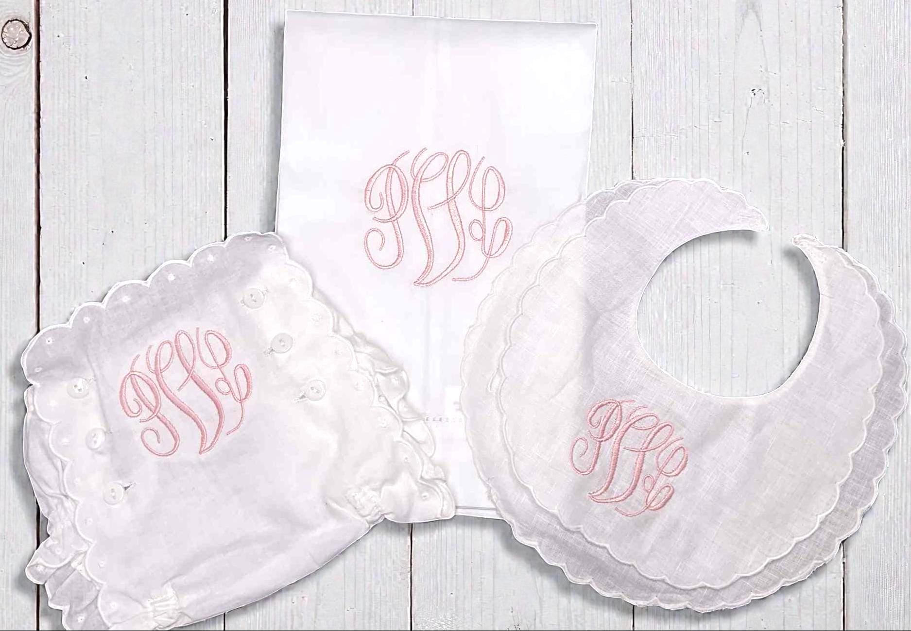 Personalized Baby Girl Bib, Burp Cloth & Bloomers Set, Scalloped Monogram Cotton