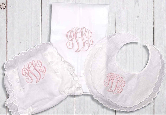 Personalized Baby Girl Bib, Burp Cloth & Bloomers Set, Scalloped Monogram Cotton