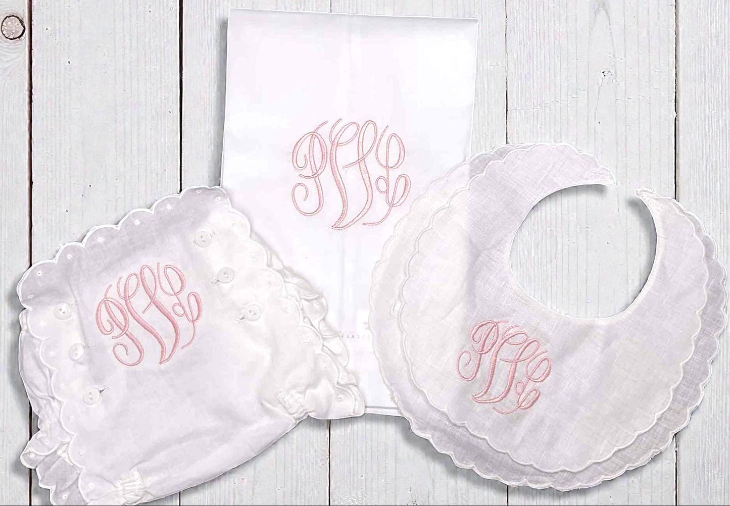 Personalized Baby Girl Bib, Burp Cloth & Bloomers Set, Scalloped Monogram Cotton